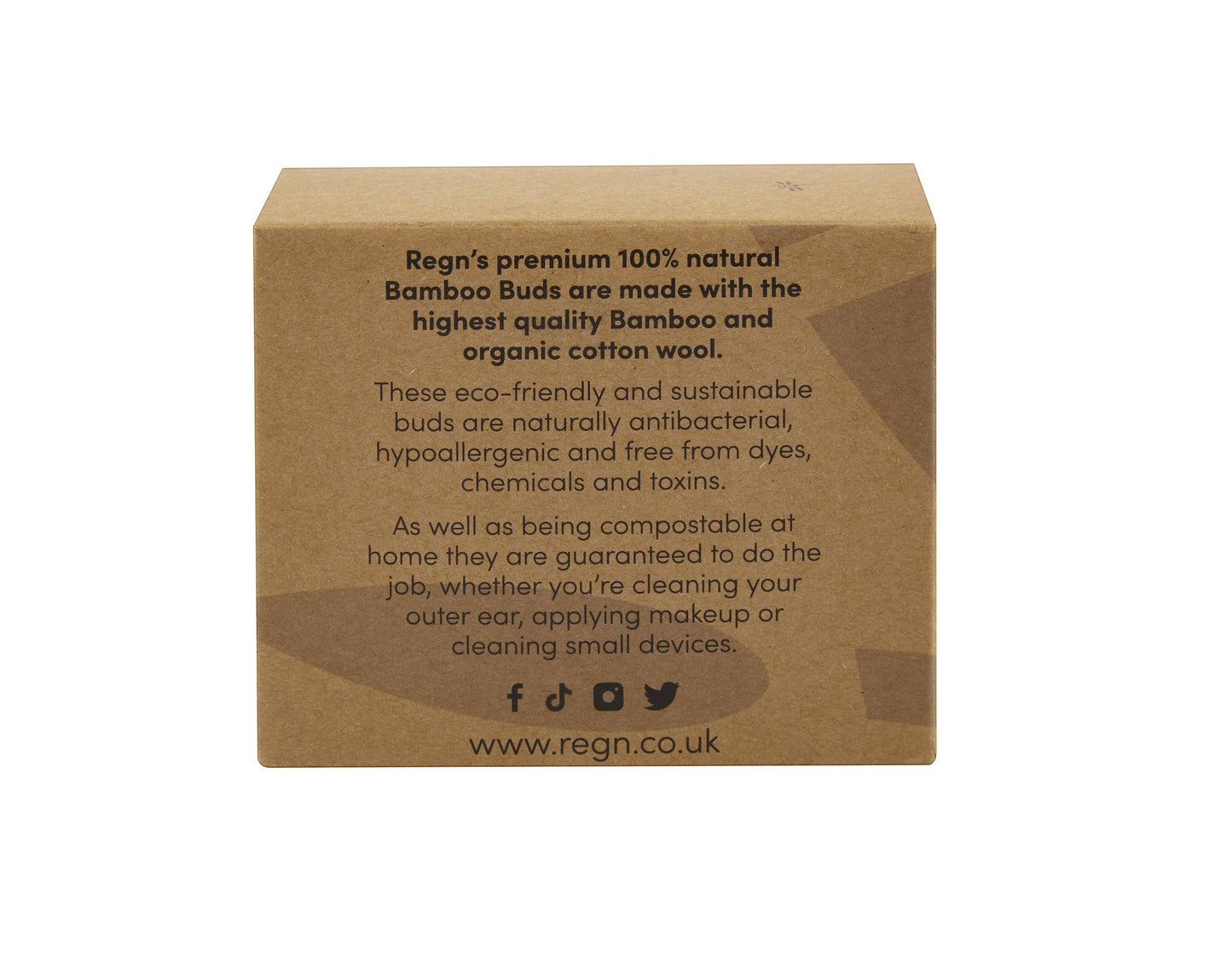Re:gn bamboo cotton buds packaging box made from recycled cardboard with sustainable product information printed on it