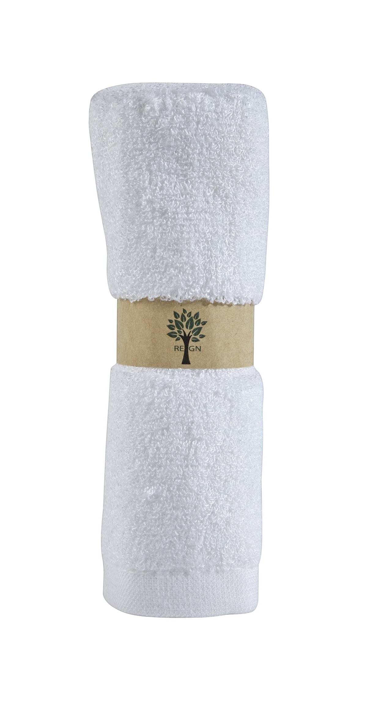 Re:gn organic bamboo face cloths in a plush white texture, rolled and secured with a sustainable paper band.