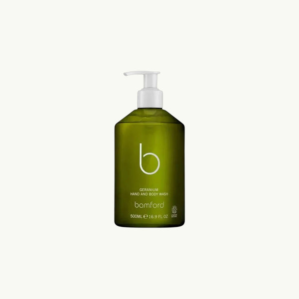 bamford Geranium Hand and Body Wash in a green pump bottle with natural essential oils for daily cleansing.