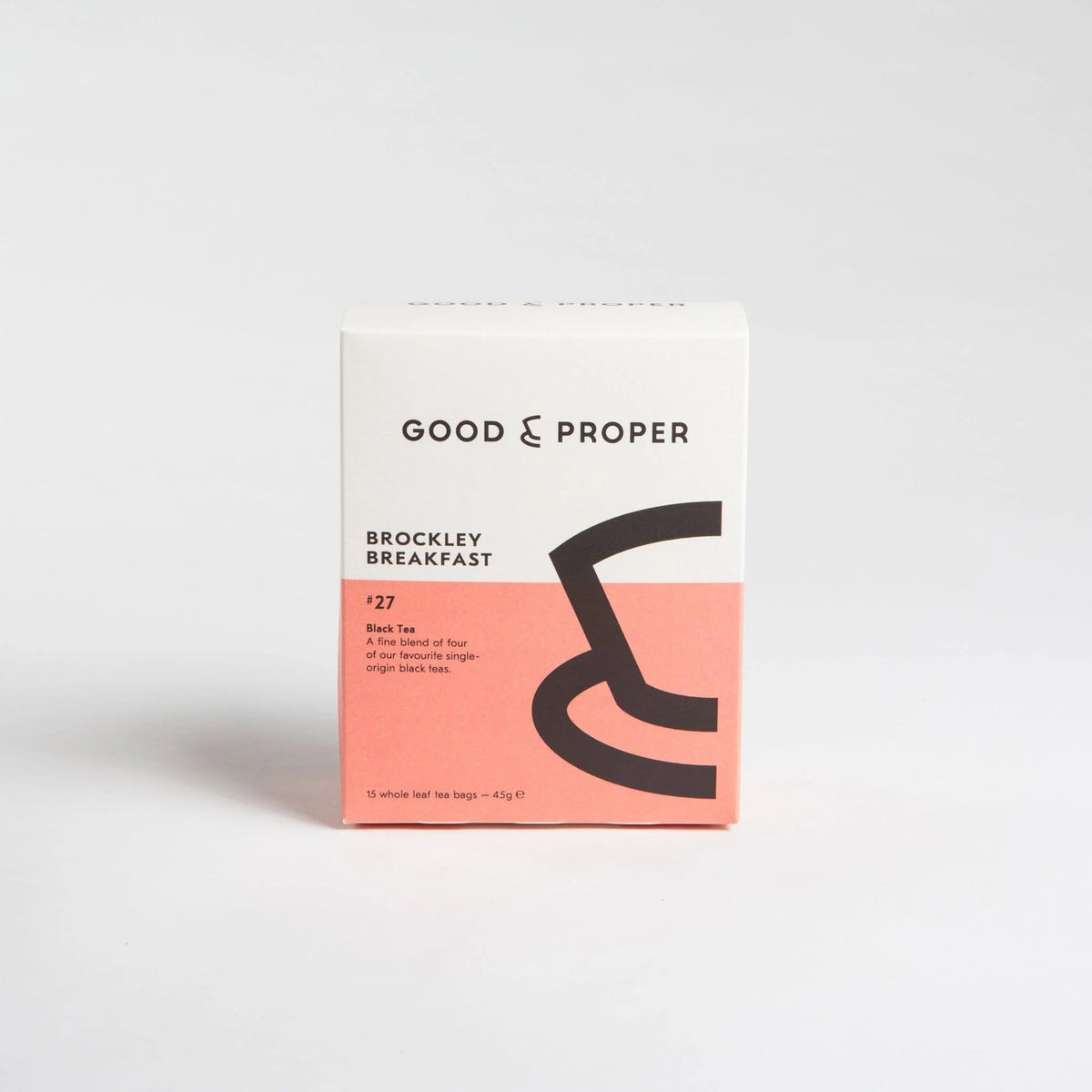 Good & Proper Tea Brockley Breakfast black tea bags in a white and coral recyclable cardboard box
