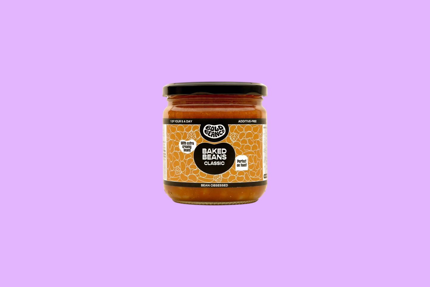 Bold Bean Co Classic Baked Beans in a 325g glass jar with a label featuring a tomato-based sauce and bean illustrations.