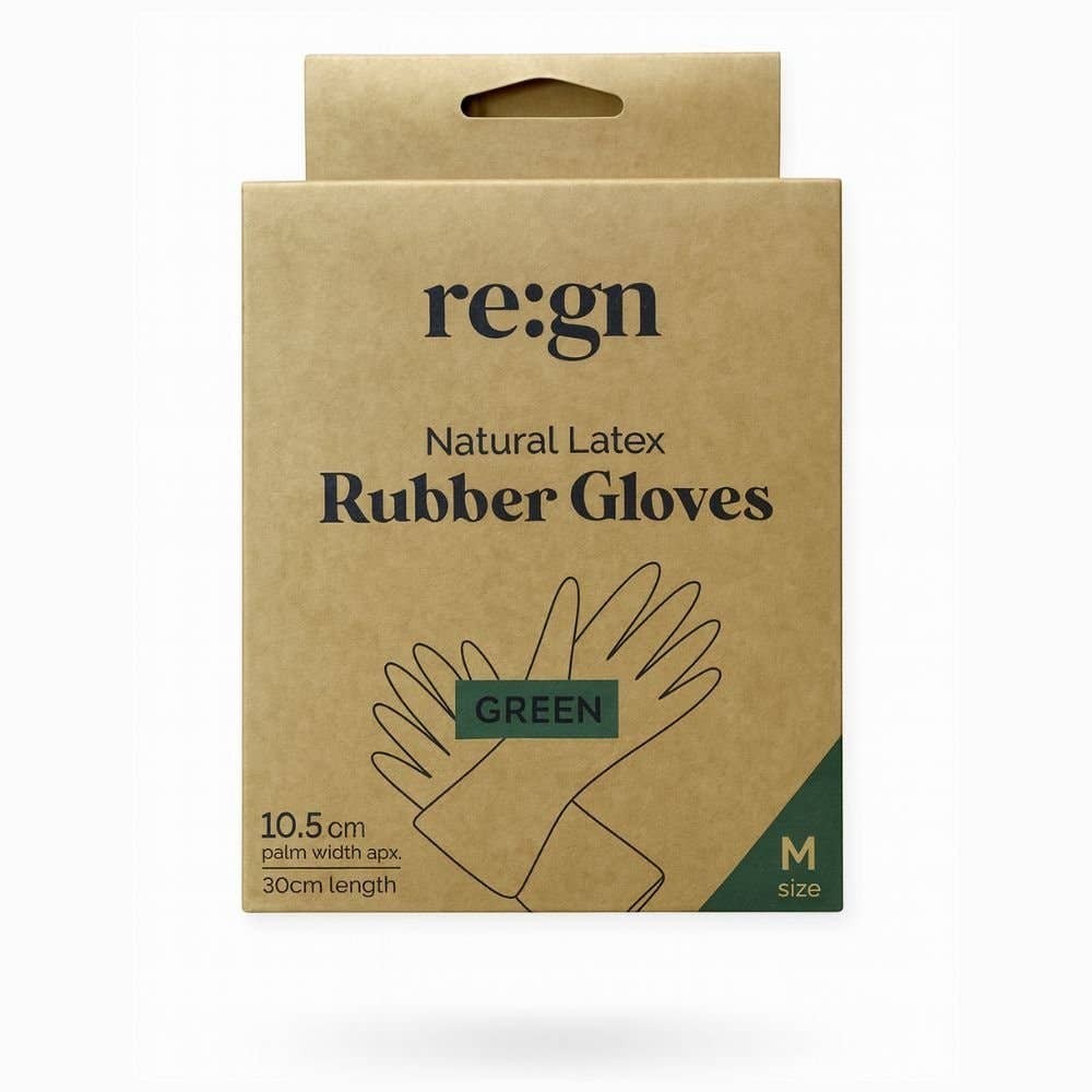 Re:gn natural latex rubber gloves in sustainable cardboard packaging, size medium, green colour