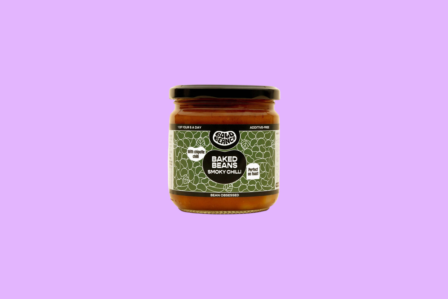 Bold Bean Co Smoky Chilli Baked Beans in a 325g glass jar with a green label featuring chipotle chilli and tomato sauce.