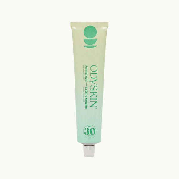 odyskin SPF 30 mineral sunscreen in a green gradient tube with zinc oxide for daily sun protection