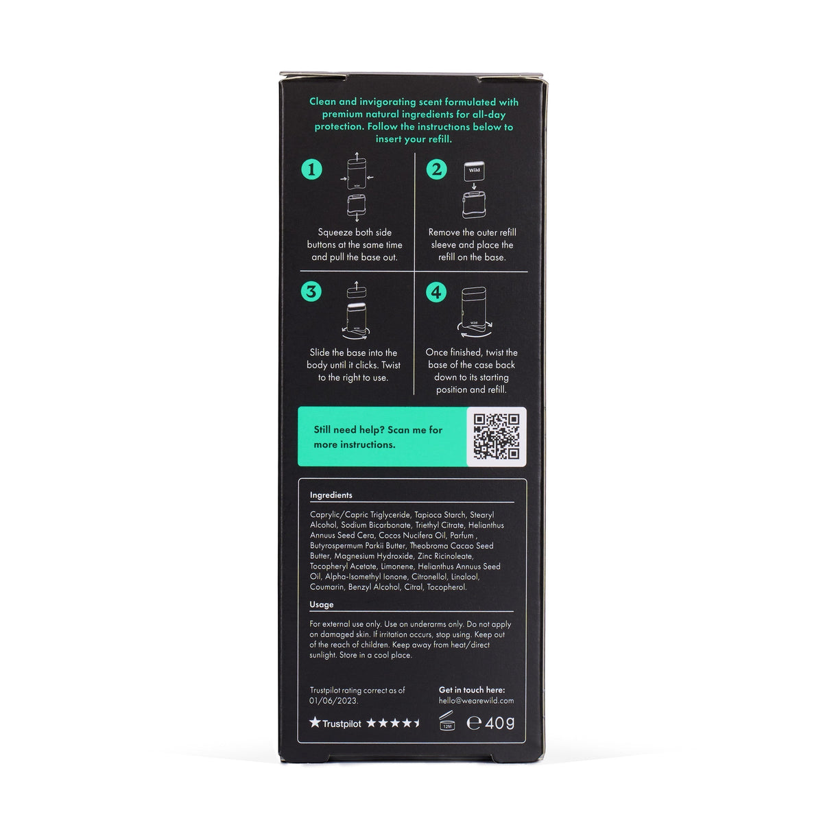 Wild refillable deodorant packaging back view with instructions and ingredient list on a black background