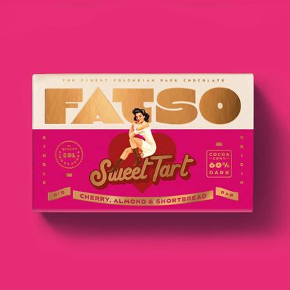 Fatso Sweet Tart Dark Chocolate Bar 150g, shown from a different angle.