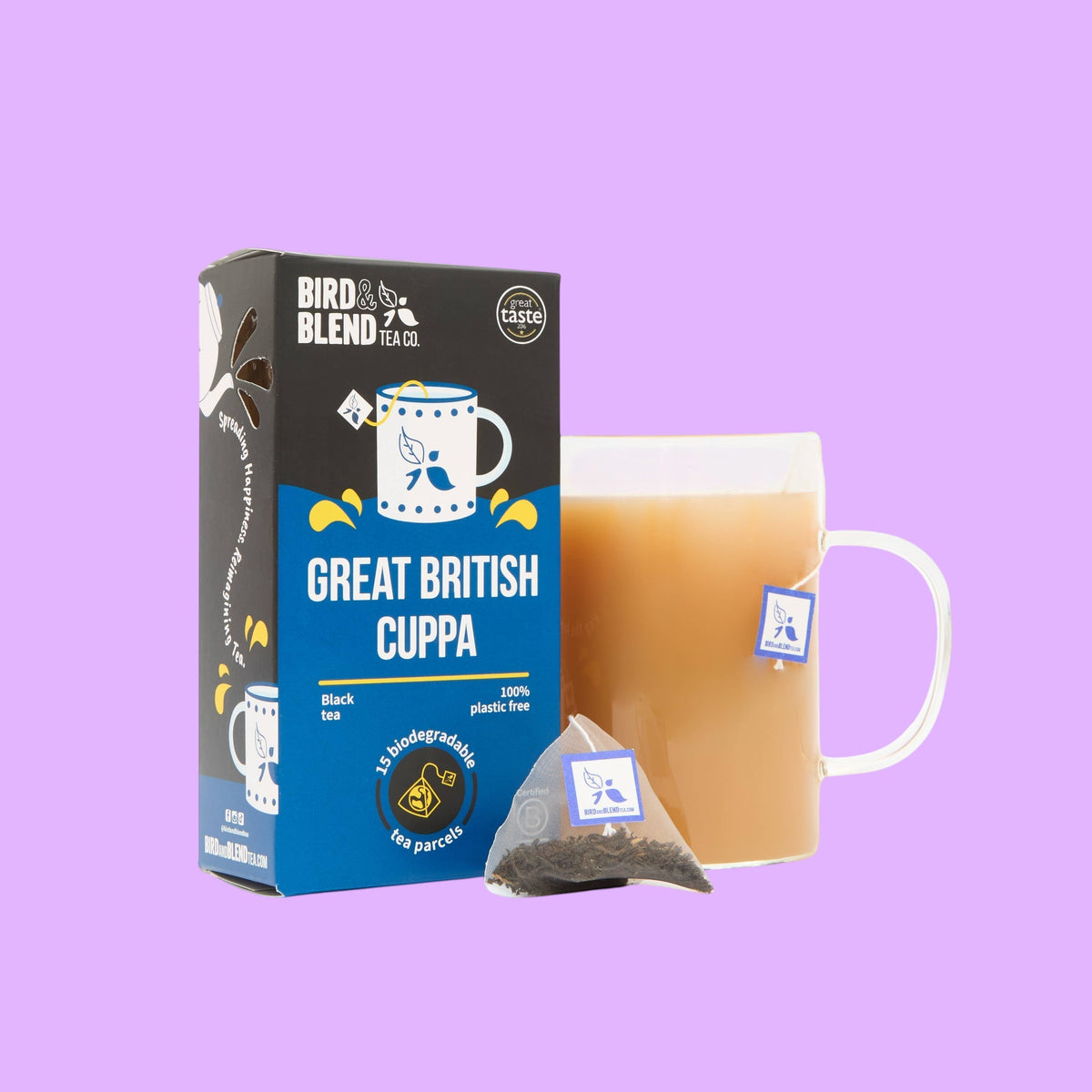 Bird & Blend Tea Co. Bird & Blend Great British Cuppa black tea box with a glass mug of tea and a biodegradable pyramid teabag