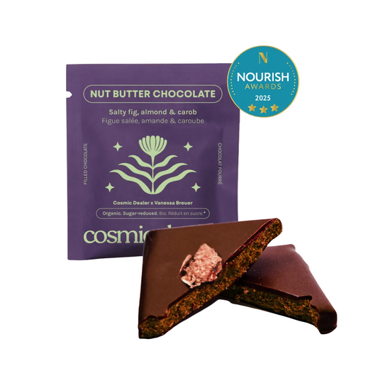 Cosmic Dealer Nut butter chocolate bar with packaging and 'Nourish Awards' badge on a beige background