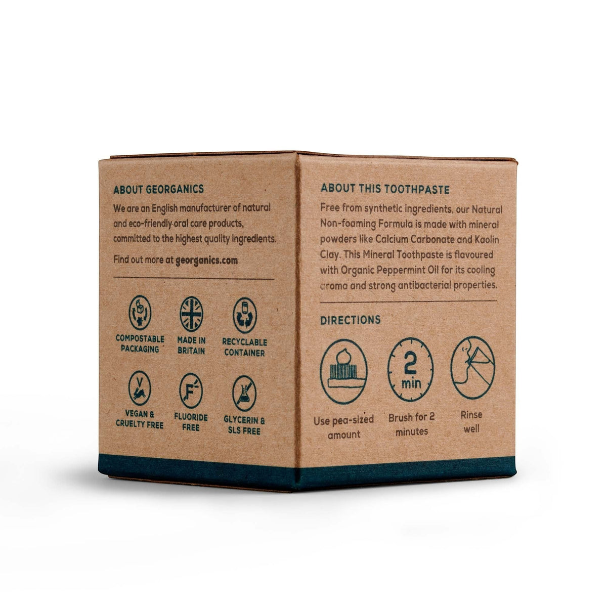 Georganics mineral toothpaste cardboard packaging with product information, icons, and directions on a white background.