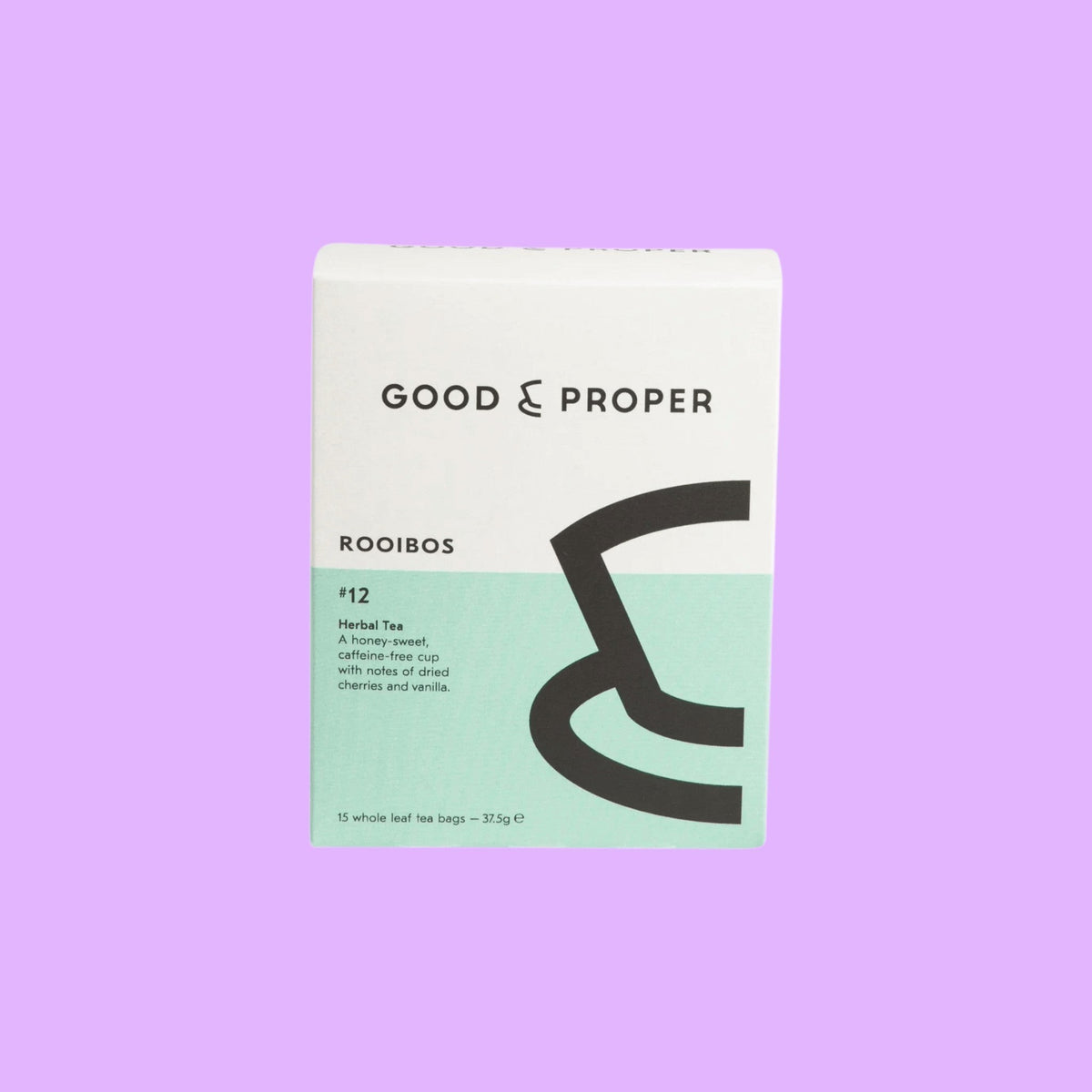 Good and Proper Tea Rooibos tea bags in a white and mint green recyclable cardboard box with honey and vanilla flavour notes (view 2).