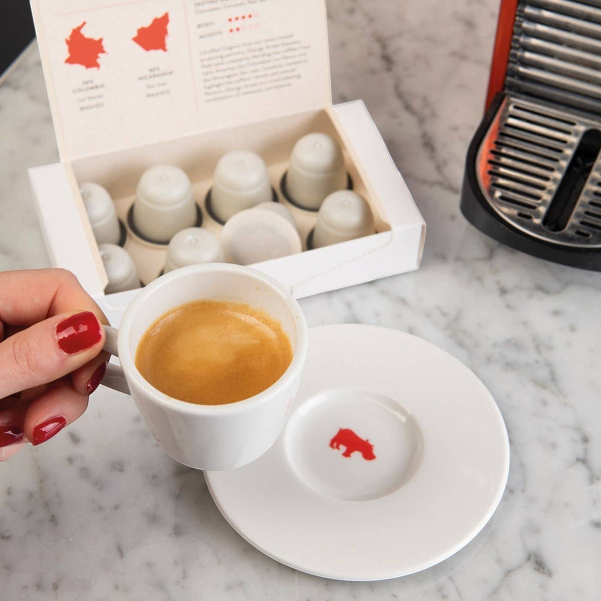 Kiss the Hippo organic coffee pods in a box next to a freshly brewed espresso in a white cup with a red hippo logo