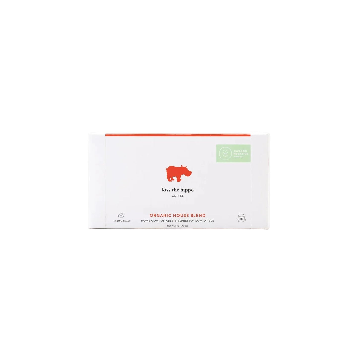 White packaging of 'kiss the hippo' organic house blend on a white background
