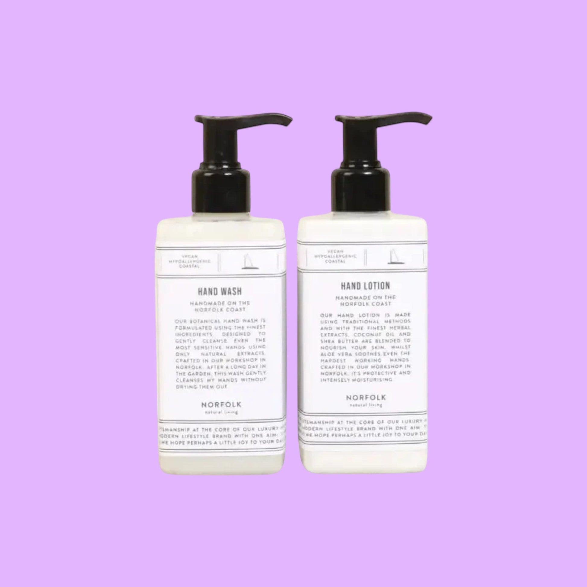 Norfolk Natural Living Coastal Walks hand wash and lotion set in white pump bottles with botanical labels for gentle hand care.