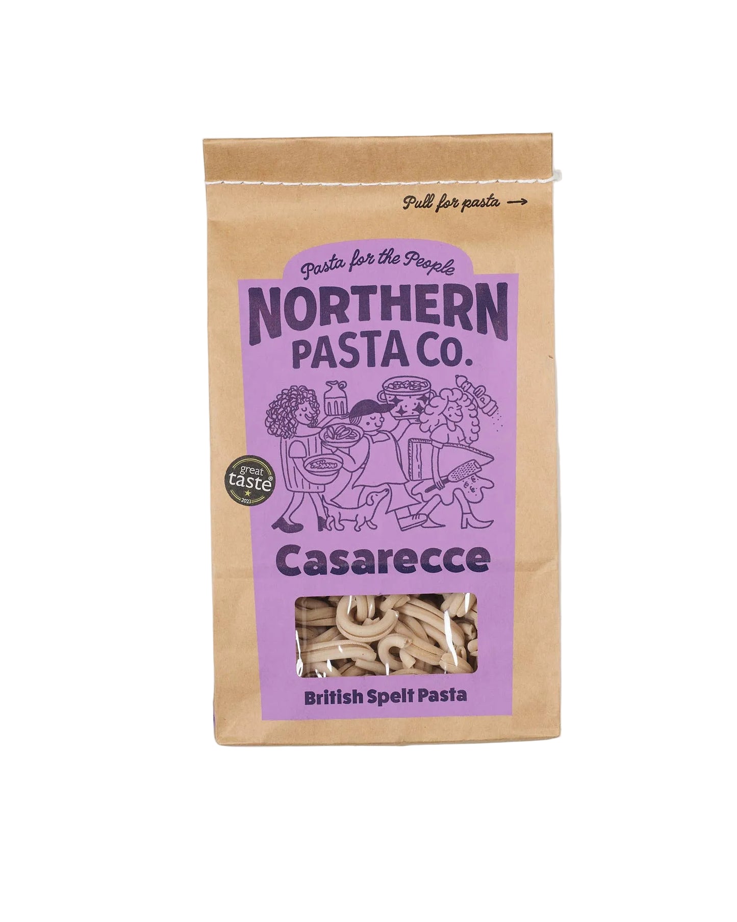 Northern Pasta Co. Casarecce pasta package with purple label on a white background