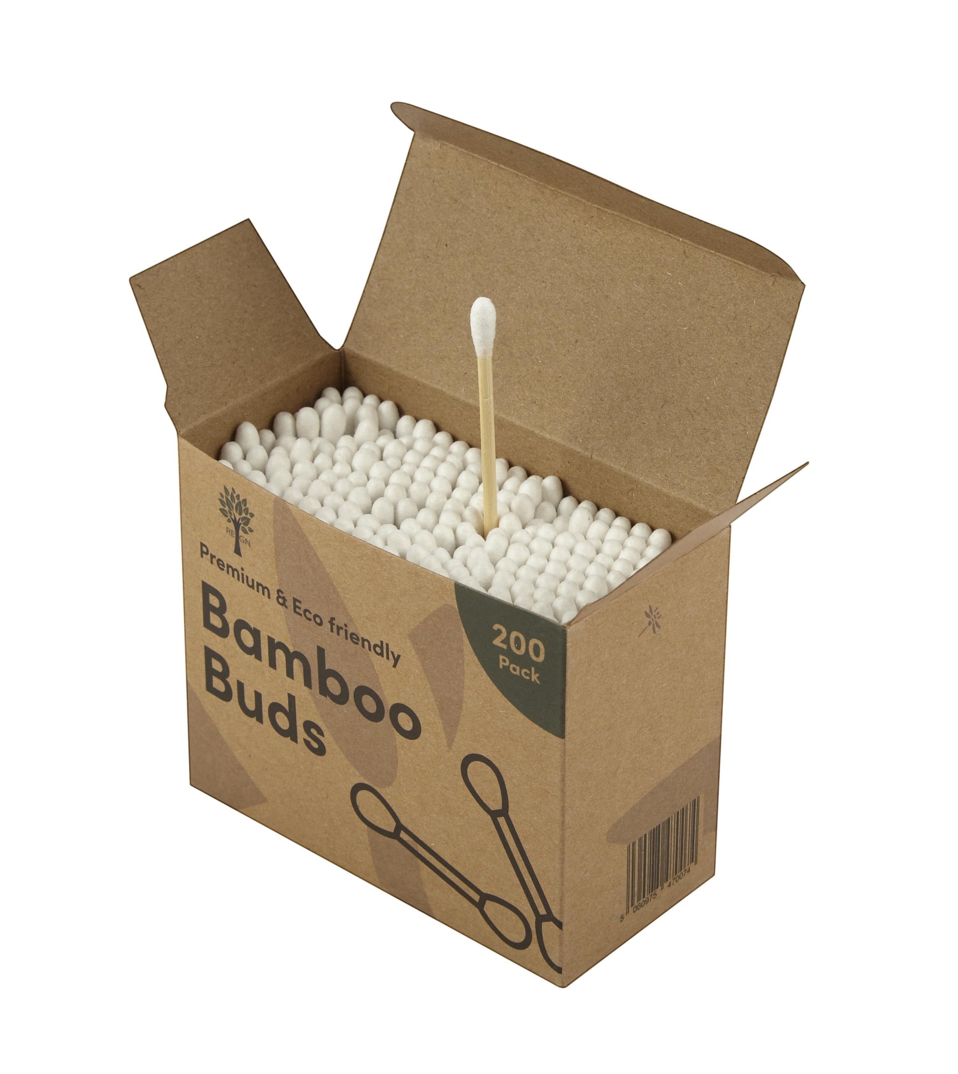 Re:gn bamboo cotton buds in a recycled cardboard box of 200, featuring sustainable wooden sticks and soft white tips.
