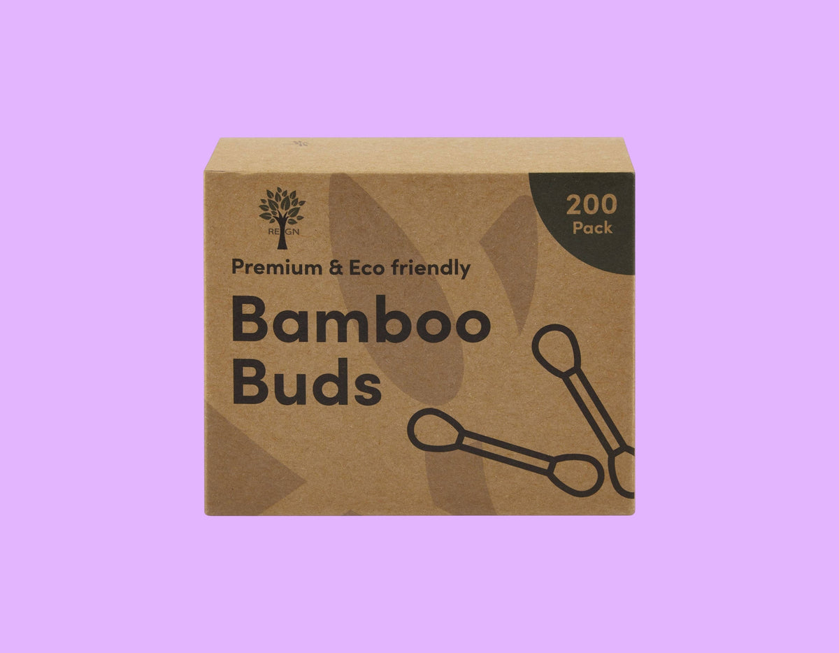 Re:gn bamboo cotton buds in a sustainable recycled cardboard box containing 200 eco-friendly plastic-free swabs