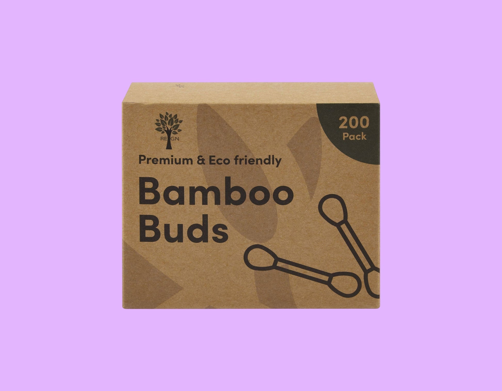 Re:gn bamboo cotton buds in a sustainable recycled cardboard box containing 200 eco-friendly plastic-free swabs