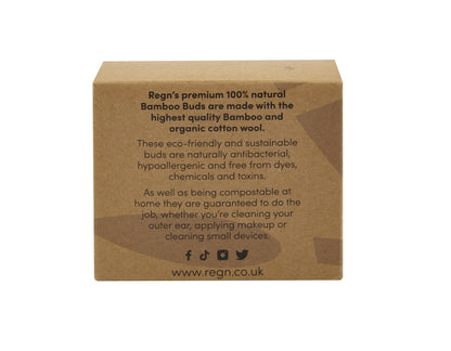 Re:gn bamboo cotton buds packaging box made from recycled cardboard with sustainable product information printed on it