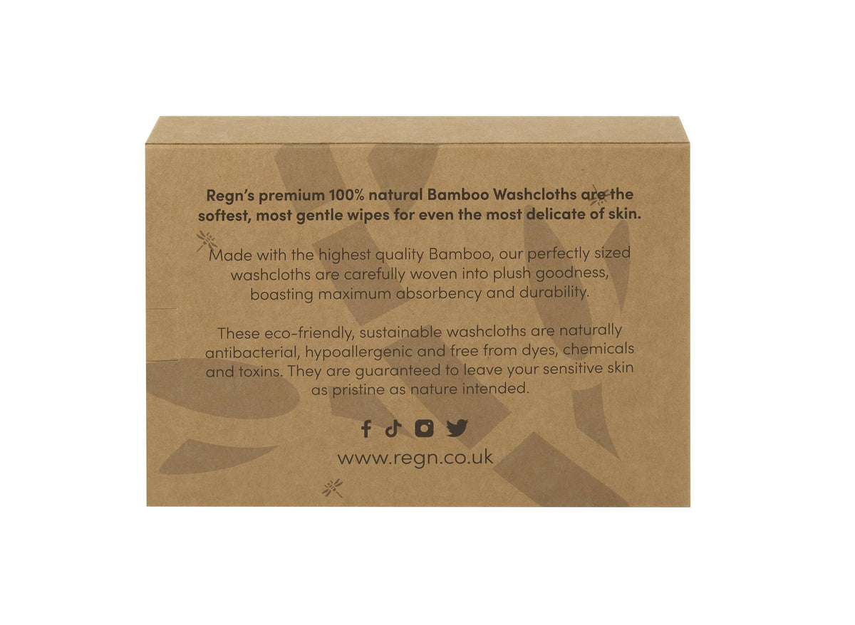 Re:gn organic bamboo face cloths in sustainable, plastic-free cardboard packaging with product information printed.