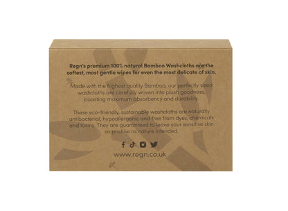 Re:gn organic bamboo face cloths in sustainable, plastic-free cardboard packaging with product information printed.
