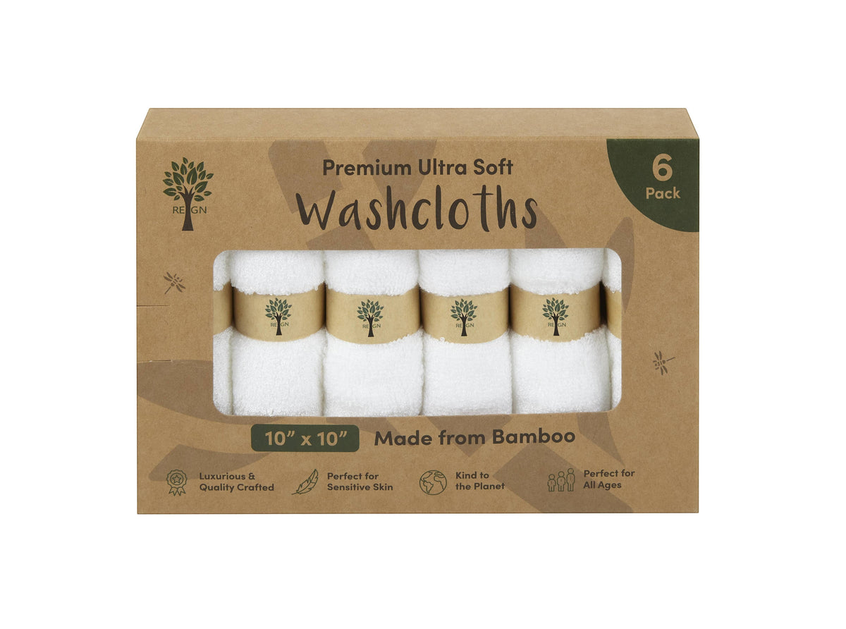 Re:gn pack of six white organic bamboo face cloths in sustainable cardboard packaging for sensitive skin