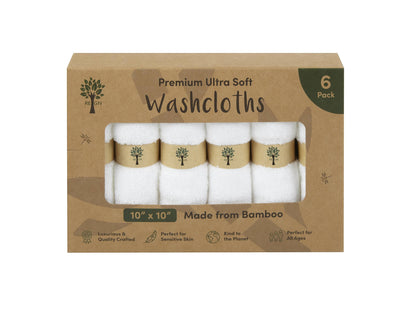Re:gn pack of six white organic bamboo face cloths in sustainable cardboard packaging for sensitive skin