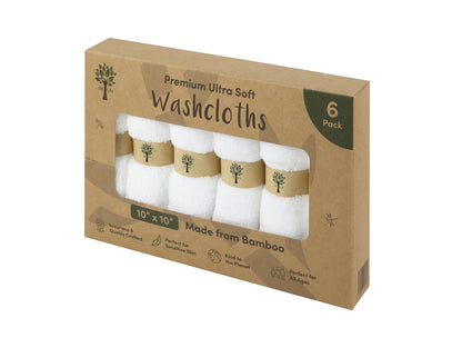 Re:gn pack of six white organic bamboo washcloths in sustainable cardboard packaging