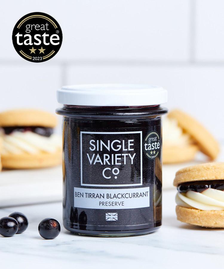 Single Variety Co Ben Tirran Blackcurrant Preserve, close-up detail shot.