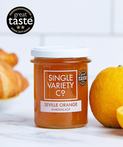 Single Variety Co Seville Orange Marmalade, close-up detail shot.