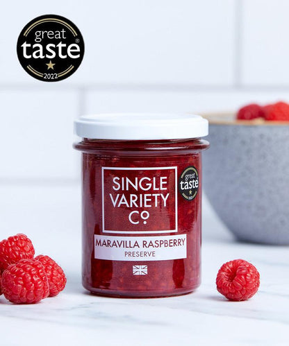 Single Variety Co Maravilla Raspberry Preserve, close-up detail shot.