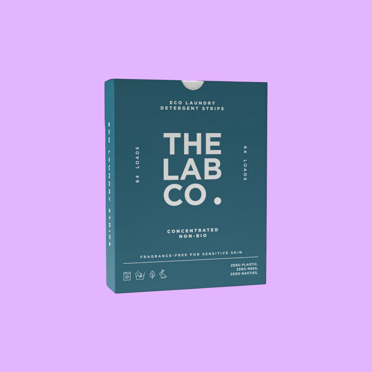 The Lab Co. fragrance-free laundry detergent strips in a teal plastic-free box for 64 loads, shown from a different angle.