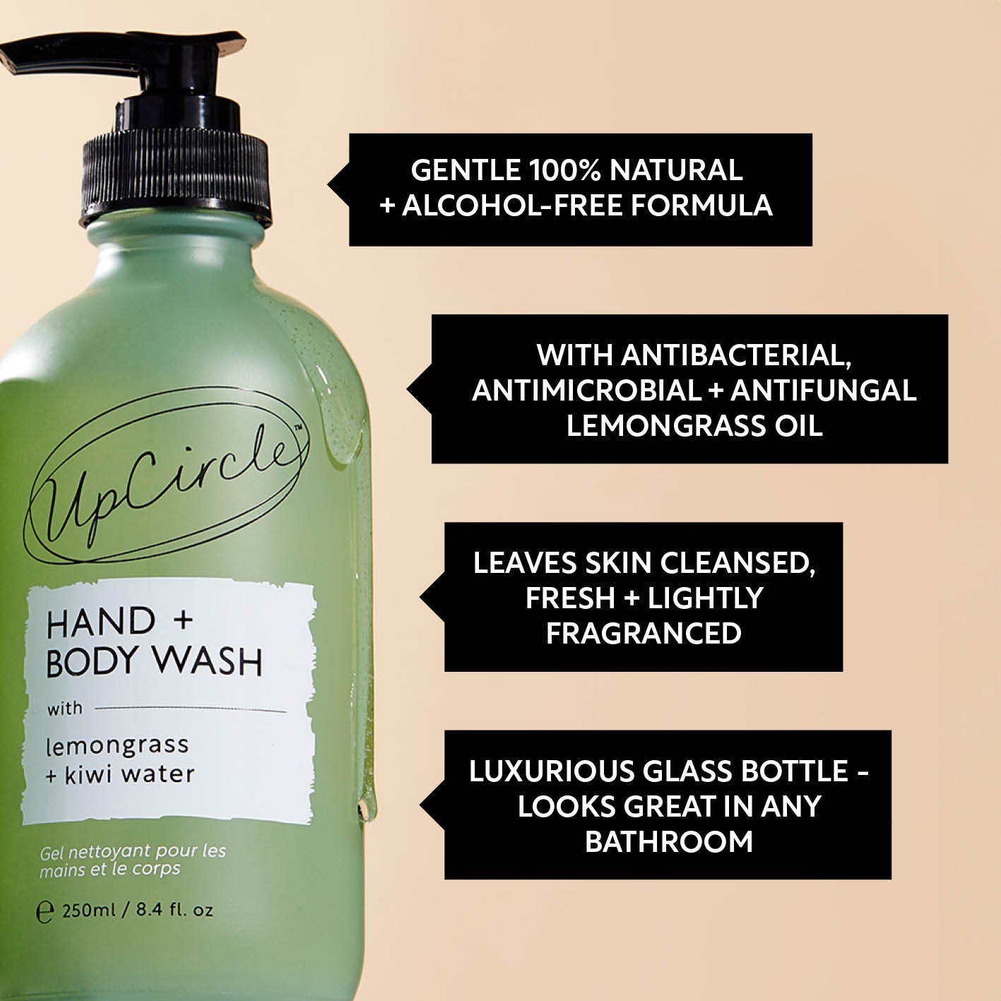 UpCircle Hand and Body Wash pump bottle with feature callouts highlighting gentle 100 percent natural alcohol-free formula, antibacterial lemongrass oil, skin left cleansed fresh and lightly fragranced, and luxurious glass bottle