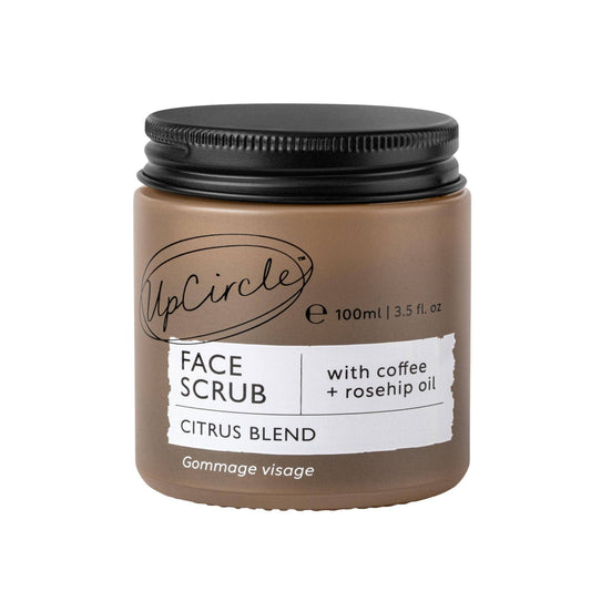 UpCircle Coffee Face Scrub with Rosehip Oil 100ml, natural citrus exfoliator in a glass jar with aluminium lid