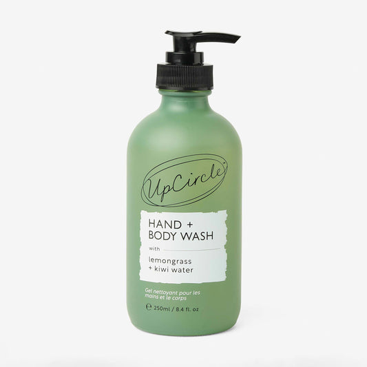 UpCircle Hand and Body Wash with Lemongrass and Kiwi Water 250ml, natural vegan body wash in a frosted green glass pump bottle