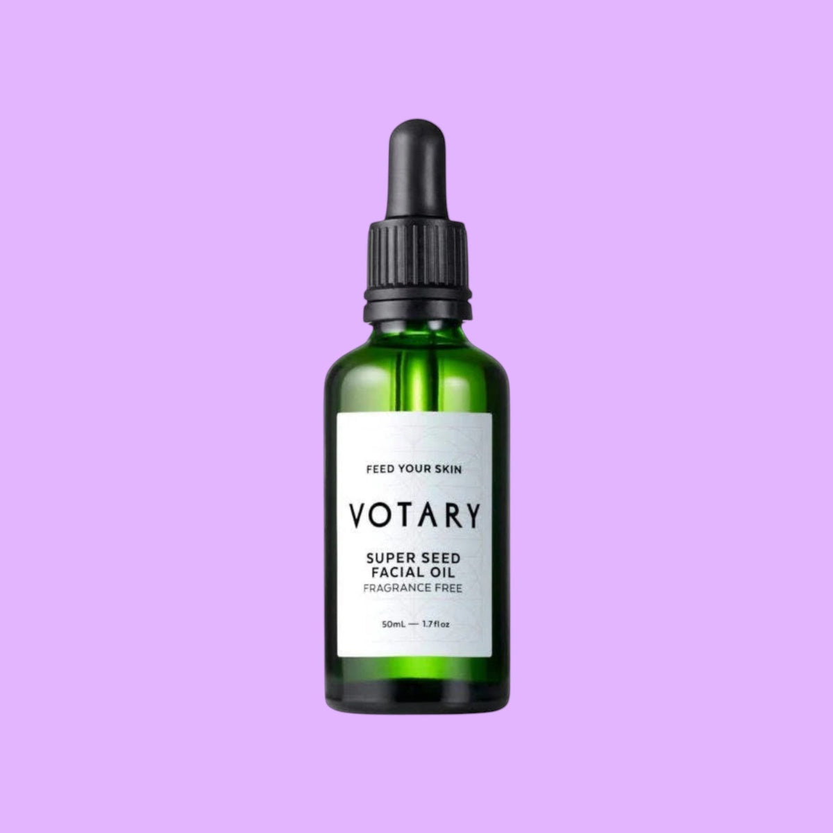 Votary Super Seed Facial Oil in a green glass bottle with a black dropper pump for sensitive skin care