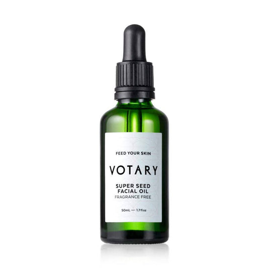 Votary Super Seed Facial Oil 50ml, fragrance-free facial oil for sensitive and dry skin, dark glass bottle with pump.