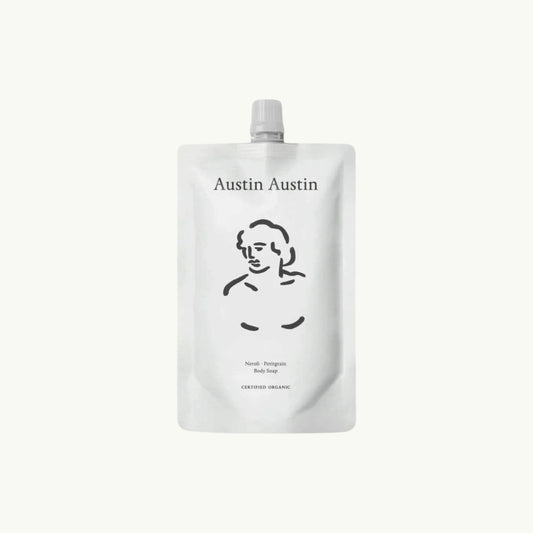 Austin Austin Neroli & Petitgrain organic body soap refill pouch with minimalist white packaging and line art illustration.