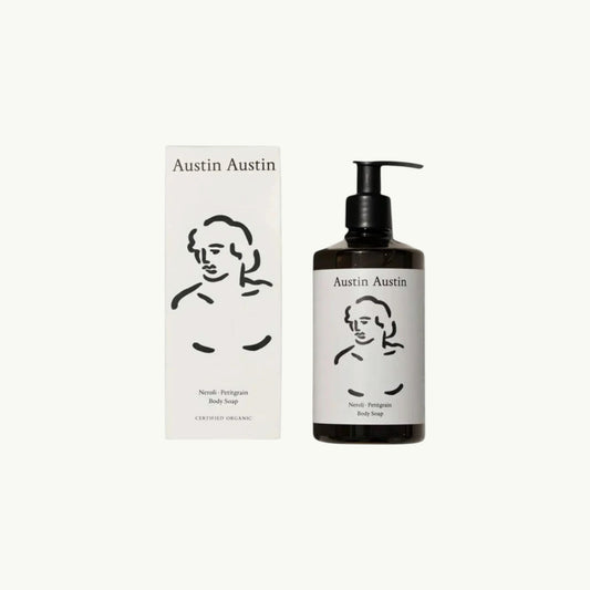 Austin Austin Neroli & Petitgrain body soap bottle and box with artistic ink illustration on a light background