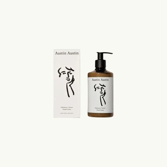 BRiMM Palmarosa & Vetiver hand cream bottle and box with black line art illustration on a light background.