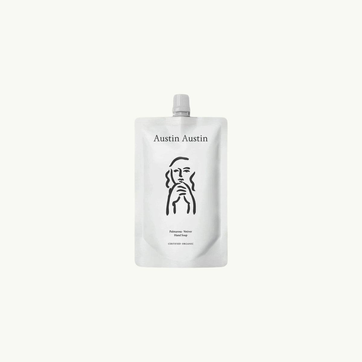 Austin Austin Palmarosa & Vetiver organic hand soap 600ml refill pouch with minimalist line art illustration