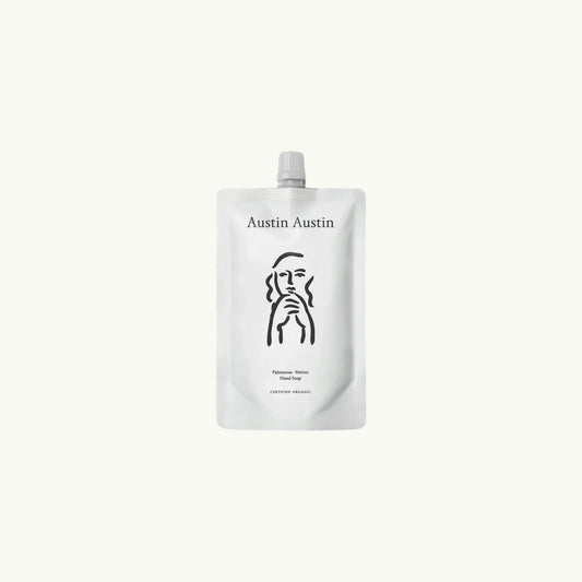 Austin Austin Palmarosa & Vetiver organic hand soap 600ml refill pouch with minimalist line art illustration