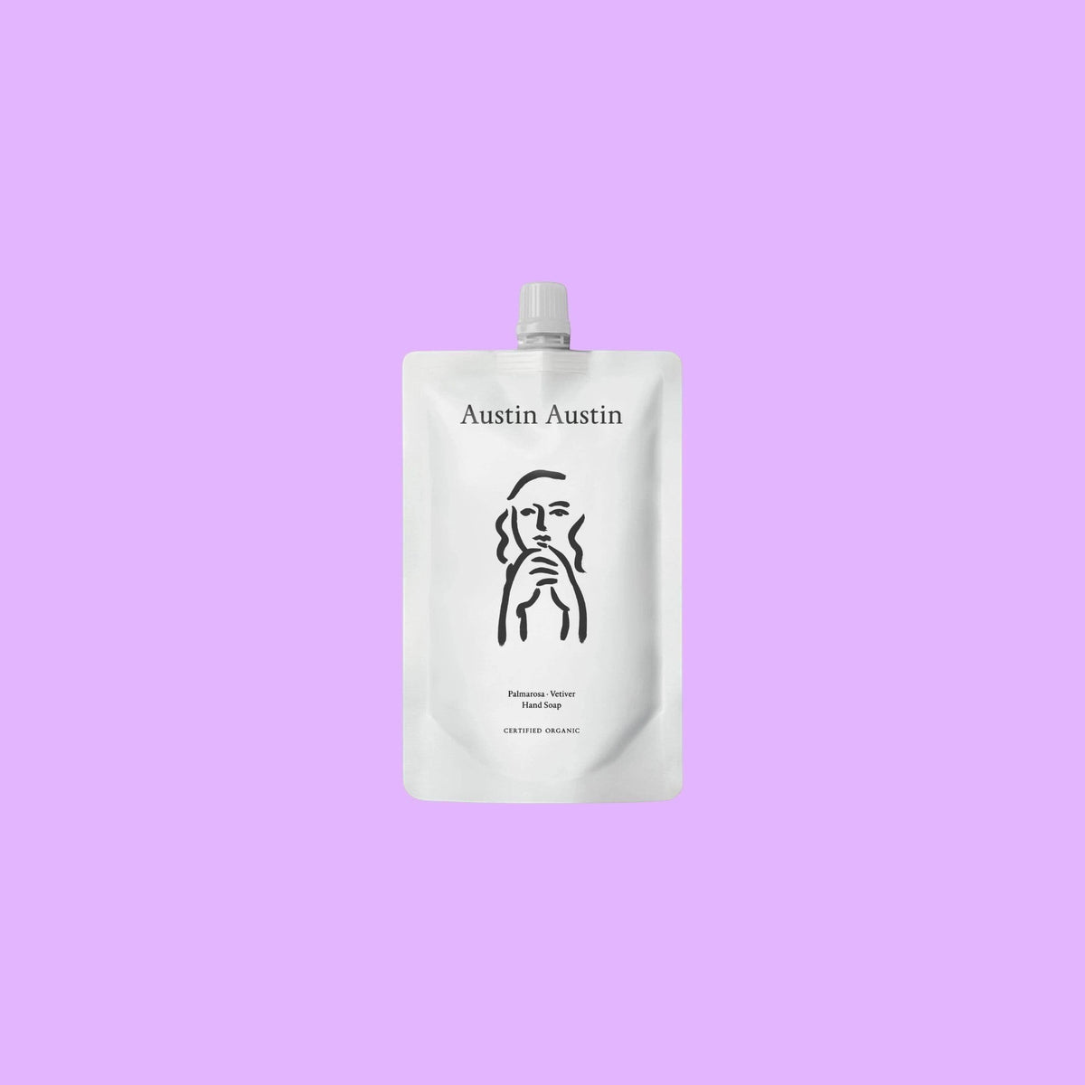 Austin Austin Palmarosa & Vetiver hand soap 600ml refill pouch with organic formula on a light purple background