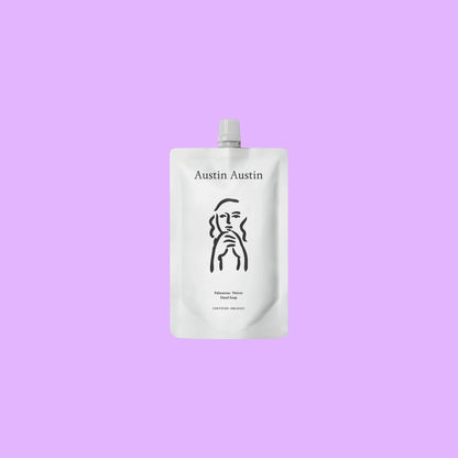 Austin Austin Palmarosa & Vetiver hand soap 600ml refill pouch with organic formula on a light purple background
