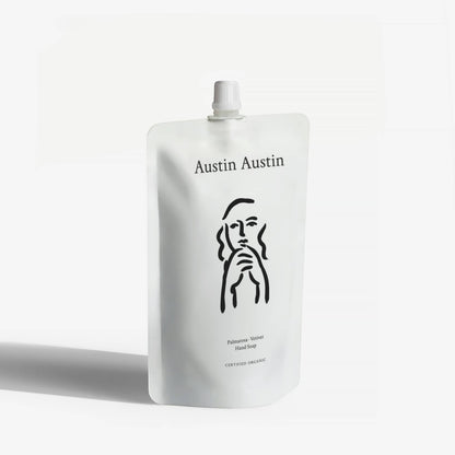Austin Austin Palmarosa and Vetiver organic hand soap refill pouch in white packaging with minimalist black line art illustration