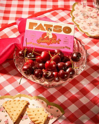 Fatso Sweet Tart Dark Chocolate Bar 150g, close-up detail shot.