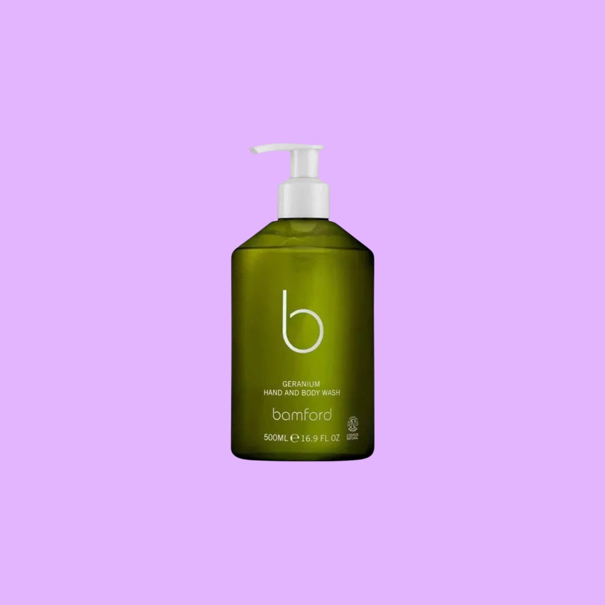 bamford Geranium Hand and Body Wash in a green pump bottle with natural essential oils for gentle cleansing.