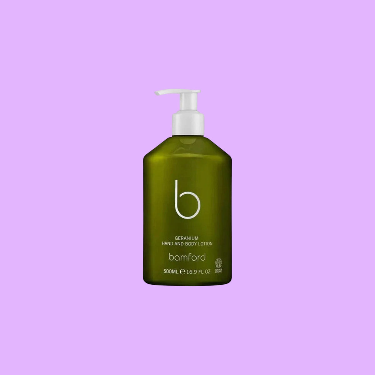 Bamford Geranium Hand and Body Lotion in a green 500ml pump bottle made from recycled plastic (view 2).