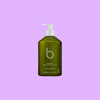 Bamford Geranium Hand and Body Lotion in a green 500ml pump bottle made from recycled plastic (view 2).