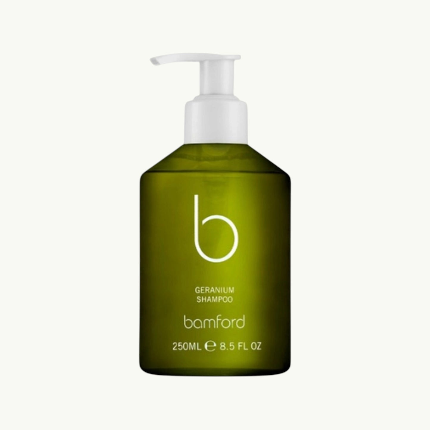 Bamford Geranium Shampoo in a green 250ml bottle with a white pump dispenser, featuring organic plant-based ingredients.