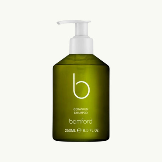 BRiMM Geranium Shampoo in a green 250ml bottle with a white pump dispenser, featuring organic plant-based ingredients.